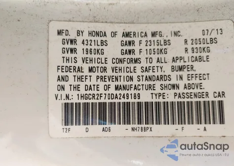 2013 Honda Accord Ex from USA, damaged, VIN 1HGCR2F70DA249189
